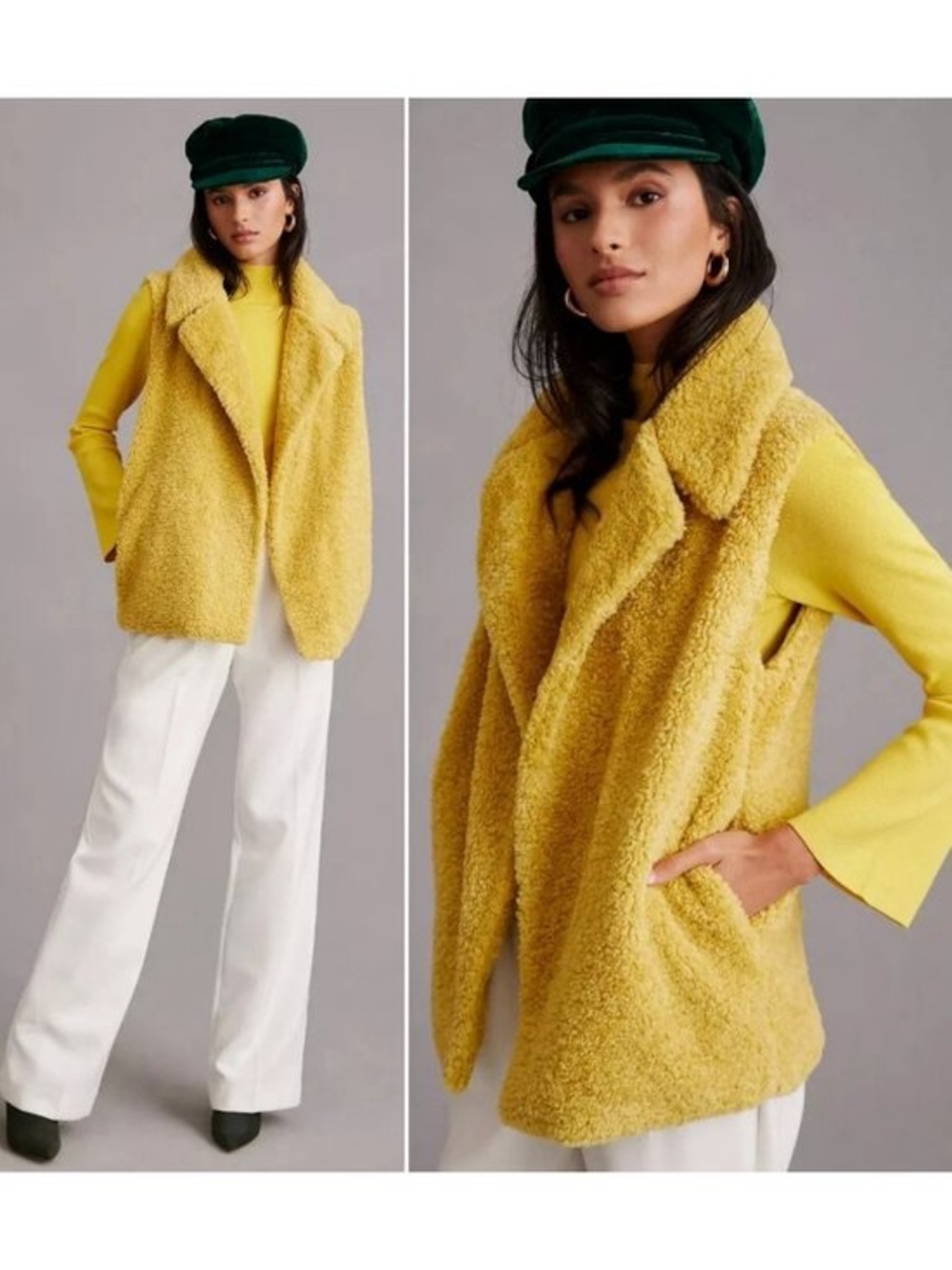 Anthropologie Pilcro Vest Jacket Womens One Size Faux Fur Fluffy Yellow Boho